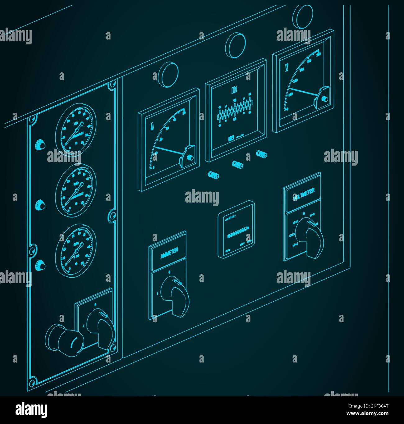 Stylized vector illustration of diesel generator control panel closeup ...