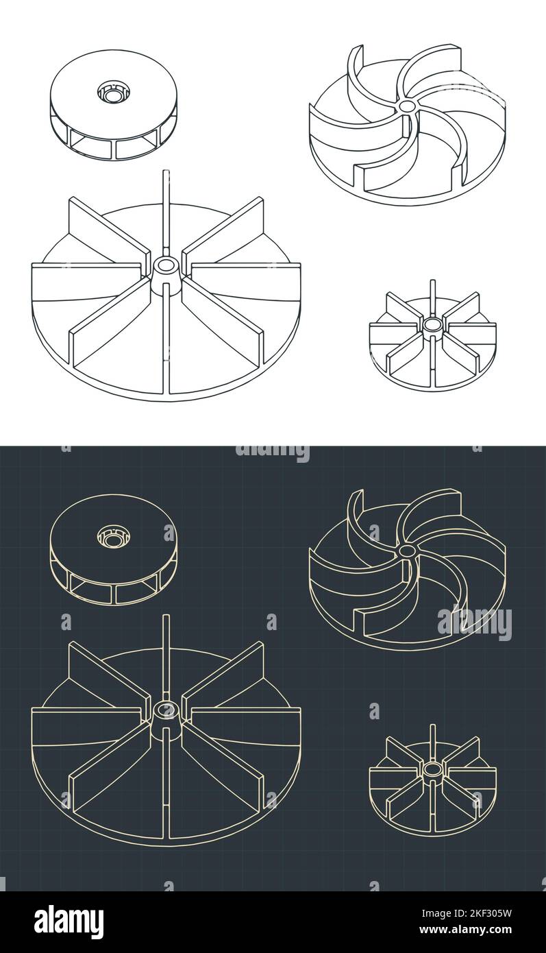 Stylized vector illustration of isometric blueprints of water pump impellers isometric blueprints set Stock Vector