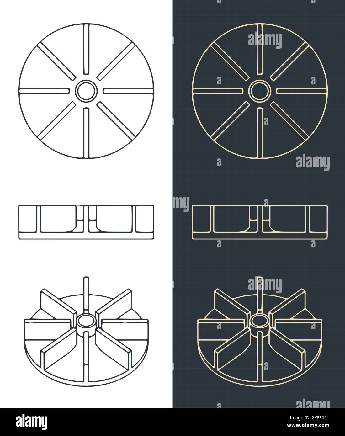 Stylized vector illustration of blueprints of water pump impeller blueprints Stock Vector