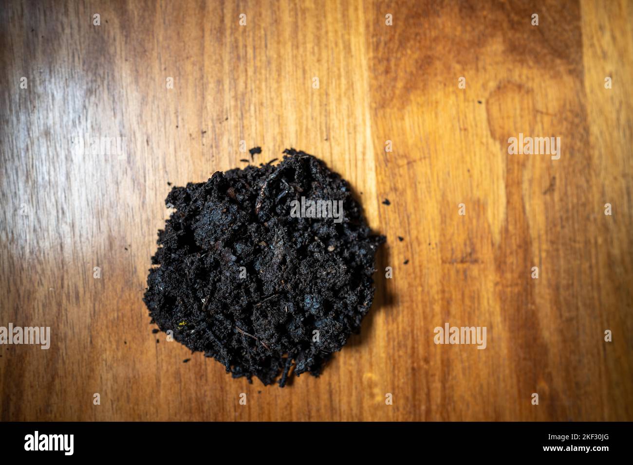 conducting a soil test in a home lab. soil on a table. brown dirt in a ...