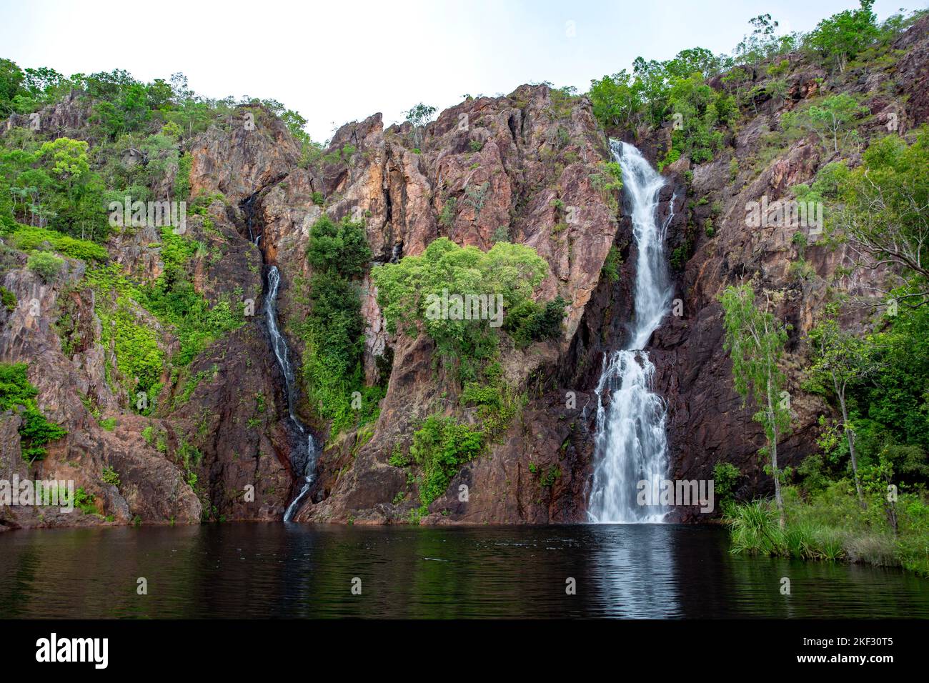 Wangi Falls is a segmented waterfall into a plunge pool on the Wangi Creek, located in Litchfield National Park, Northern Territory, Australia Stock Photo