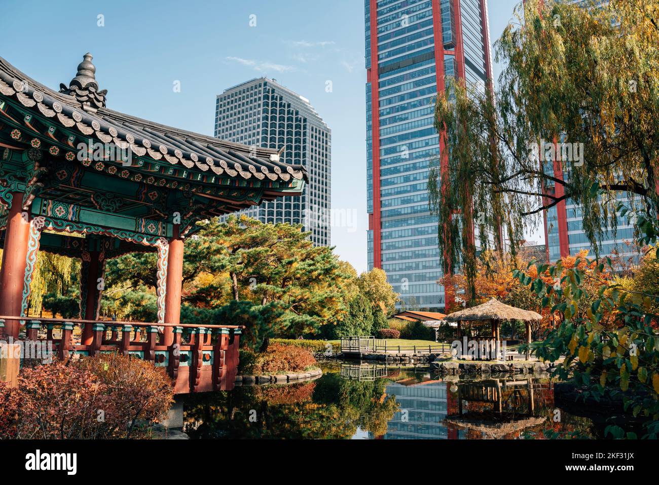 Yeouido park autumn leaves and traditional pavilion in Seoul, Korea Stock Photo