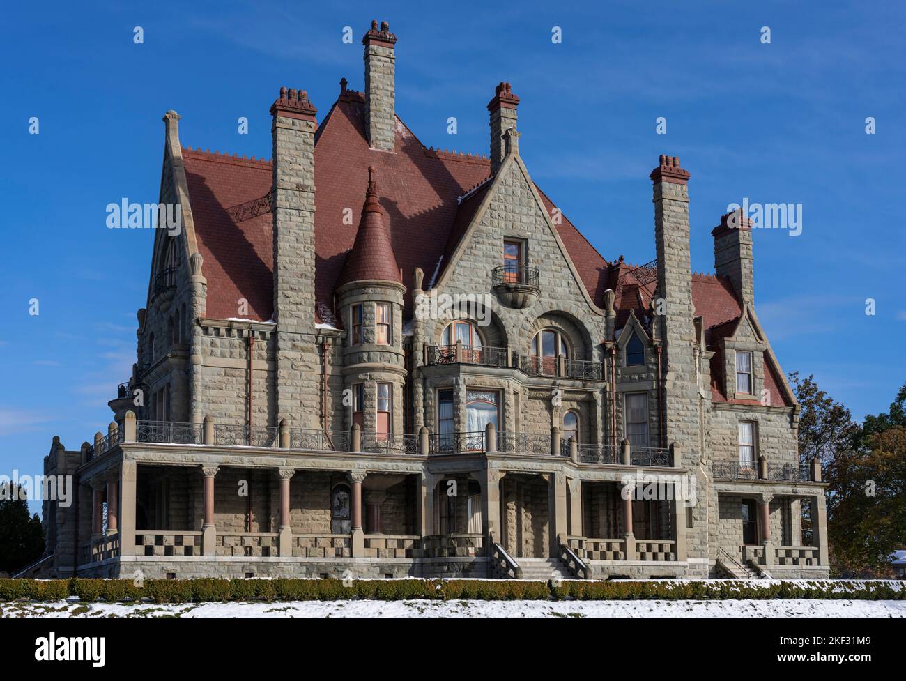 Craigdarroch Castle, a National Historic Site of Canada in Victoria, British Columbia, seen with snow. Stock Photo
