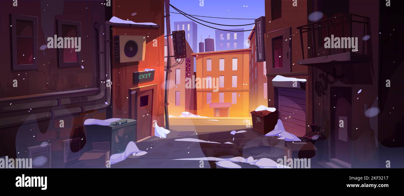 Rain at dark city corner, dirty nook puddles, back exit door, litter bins and scatter garbage, narrow backstreet with old buildings and view on rainy town landscape, Cartoon vector illustration Stock Vector