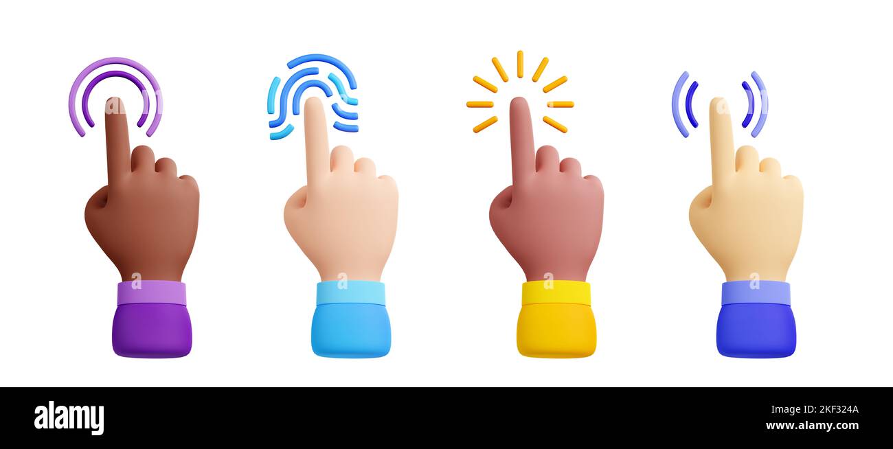 Computer cursor with hand and click icon. Diverse man arms with fingers press button, pointing or touch fingerprint scan, 3d render illustration isolated on white background Stock Photo