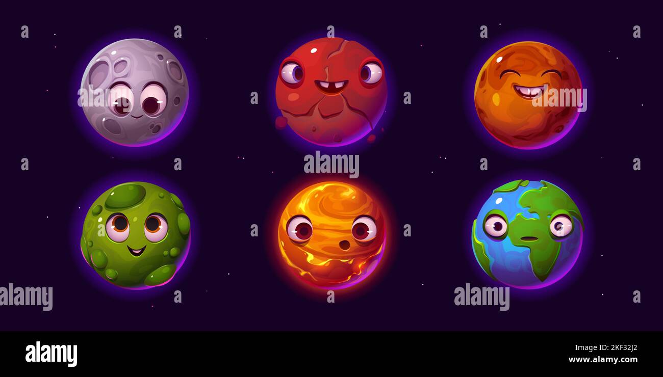 Set of cartoon planet characters isolated on sky background. Vector illustration of Earth, Moon, alien celestial bodies with happy, surprised, sad, comic face expressions. Kids game ui design elements Stock Vector