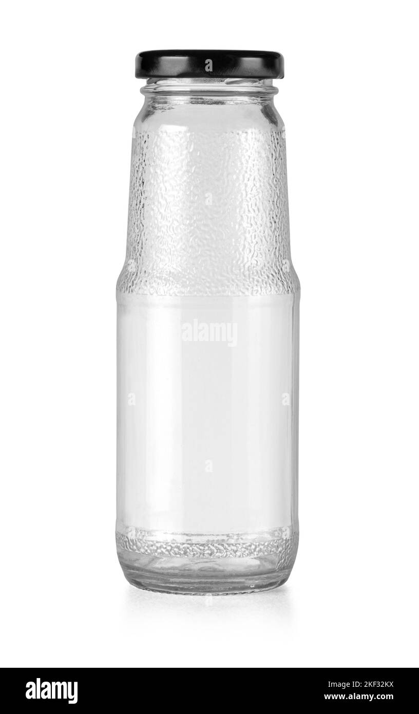 Empty jar, juice bottle with screw black lid isolated on whit, with