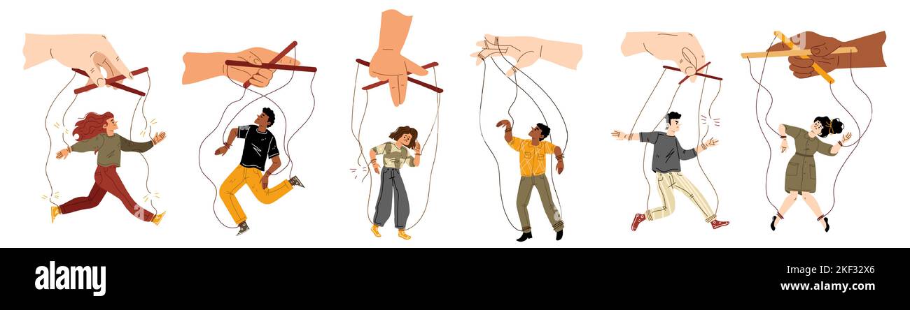 Set of people hang on ropes. Puppeteer hands controlling puppets. Manipulator playing with men and women. Characters being controlled by master, domination or authority Linear flat vector illustration Stock Vector