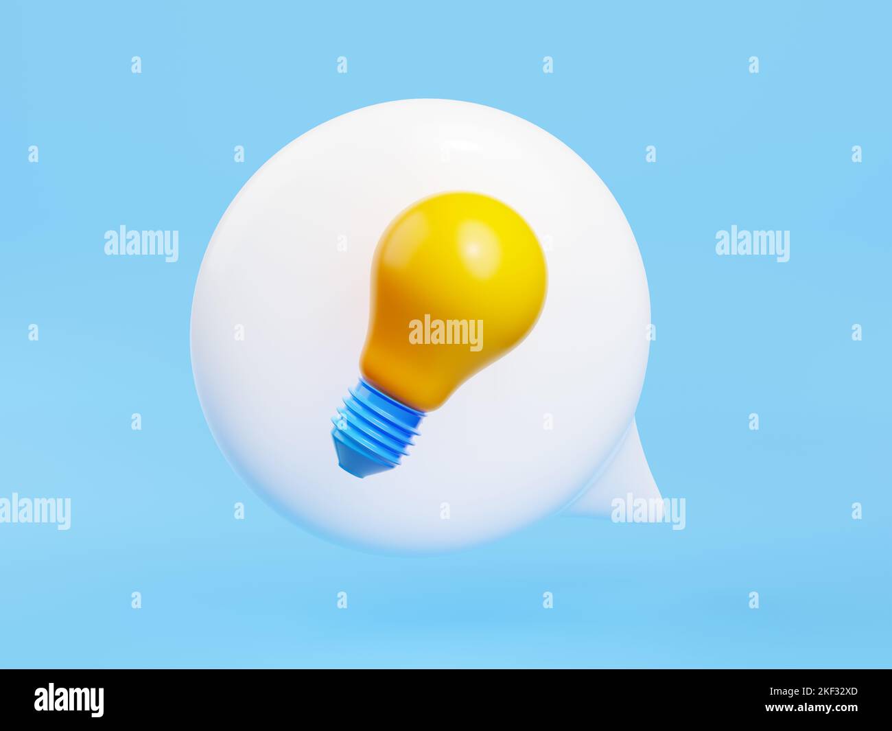 3d render light bulb in speech bubble on blue background. Creative idea, quick tips, inspiration, brainstorm, development, business solution concept, icon, illustration in cartoon plastic style Stock Photo