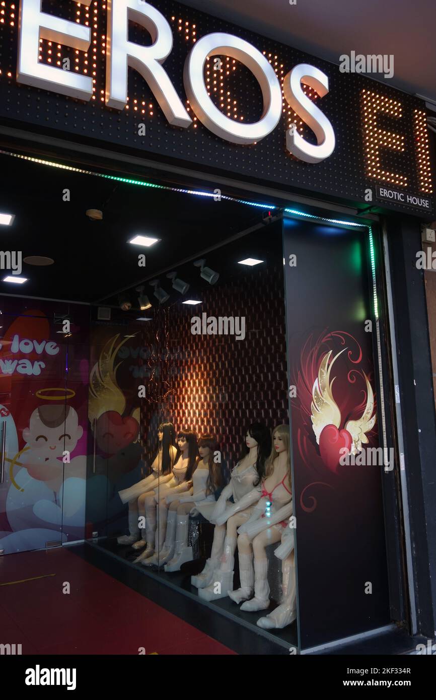 Plastic sex dolls with plastic wrapping on their hands and feet, Eros sex shop, Geylang, Singapore. No PR Stock Photo