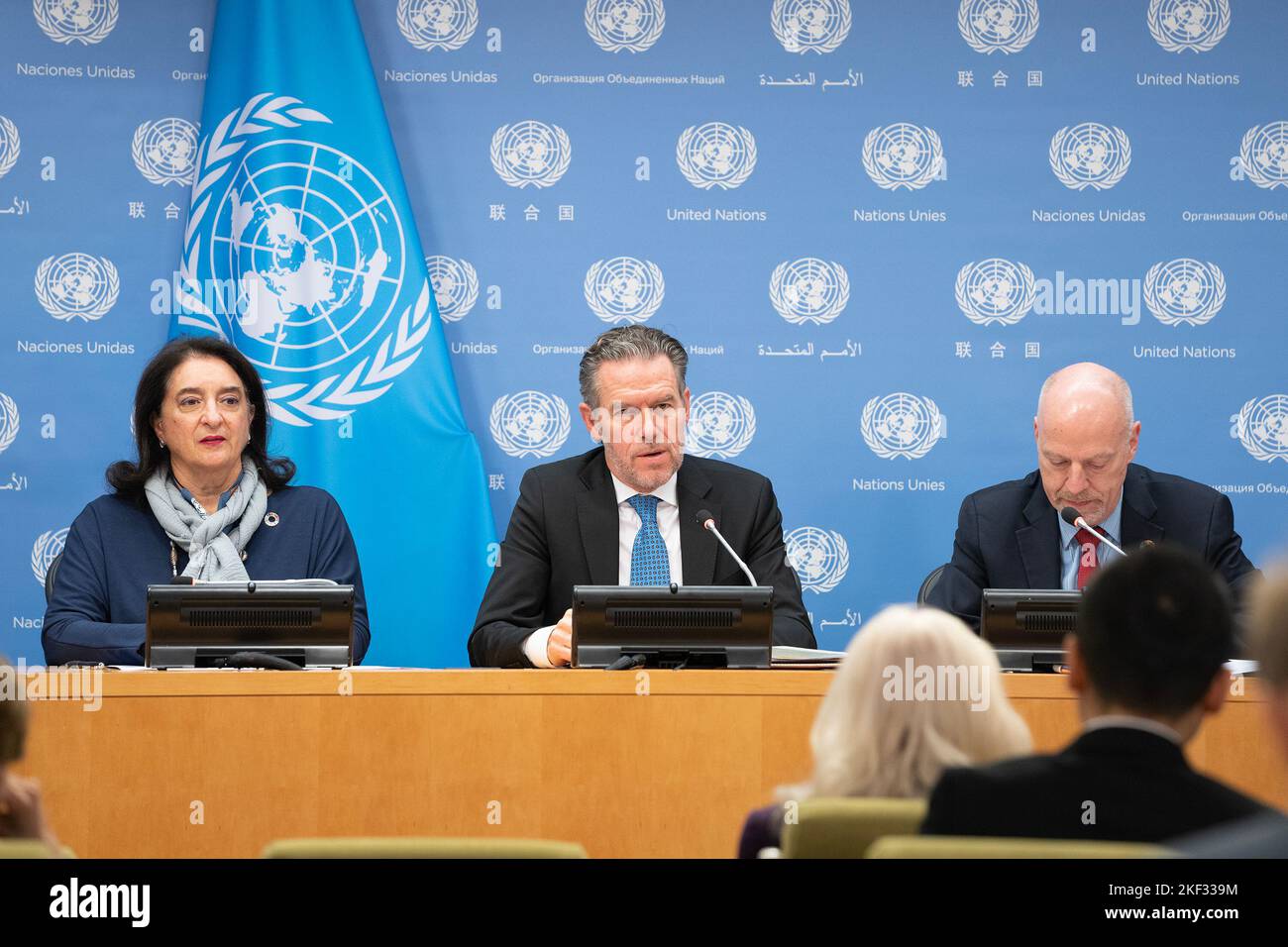 New York, New York, USA. 15th Nov, 2022. Maria-Francesca Spatolisano, Ib Petersen, John Wilmoth conduct press conference on Day of 8 Billion at UN Headquarters. On November 15, 2022 the United Nations officially declared that the world reached 8 billion in population. UN officials stated that rapid growth of the human population is a testament to achievements in public health and medicine. Credit: ZUMA Press, Inc./Alamy Live News Stock Photo