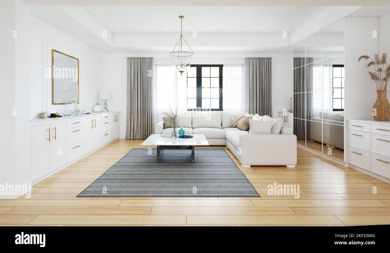 Modern Living room interior design, neutral color scheme. 3D concept rendering Stock Photo