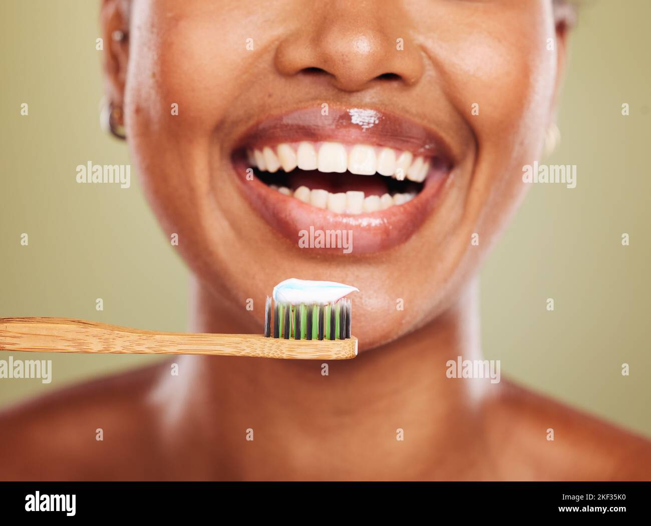 Black woman, wooden toothbrush or teeth closeup for dental health, mouth or beauty. Woman, eco friendly or self care model with teeth whitening Stock Photo