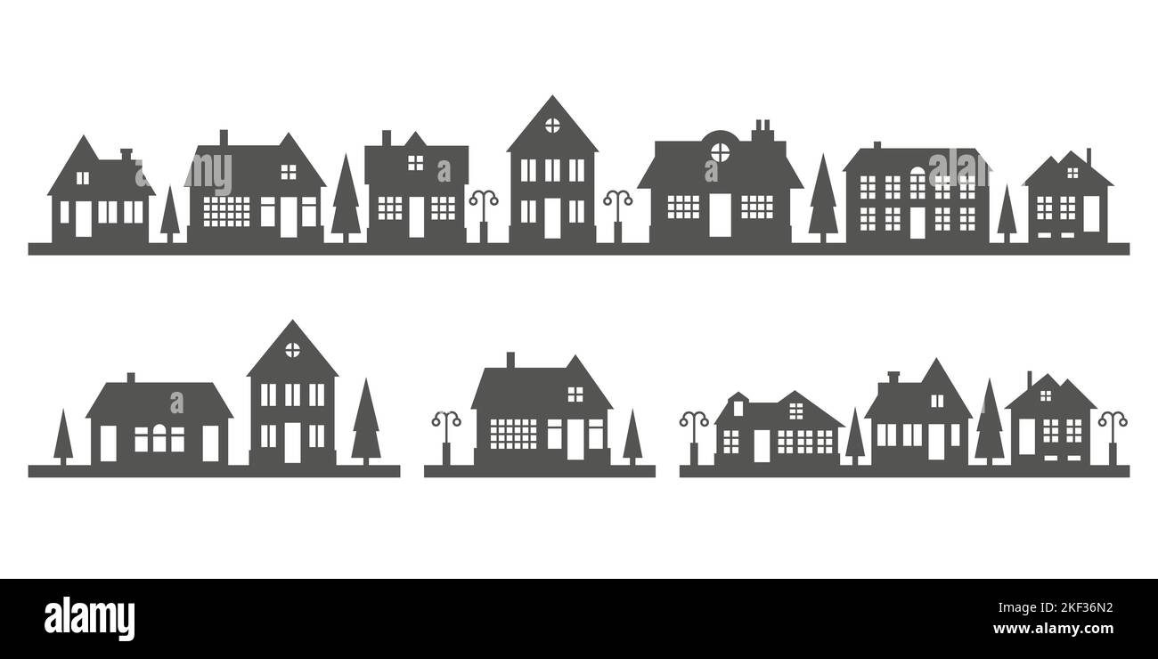 Silhouette of houses on the skyline. Suburban neighborhood landscape. Countryside cottage homes. Glyph vector illustration. Stock Vector