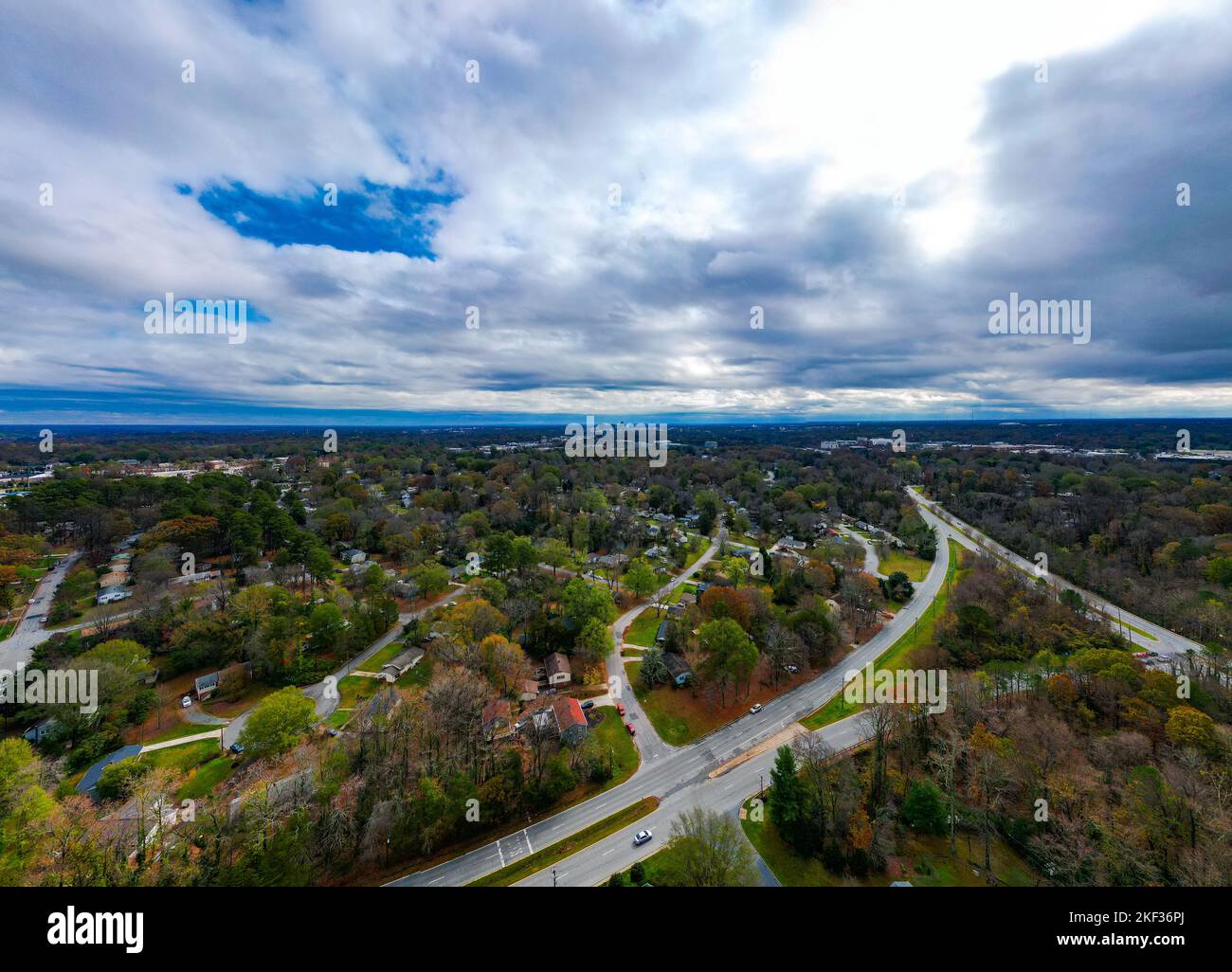 An aerial shot over the Piedmont Triad suburbs of Greensboro city in North Carolina Stock Photo