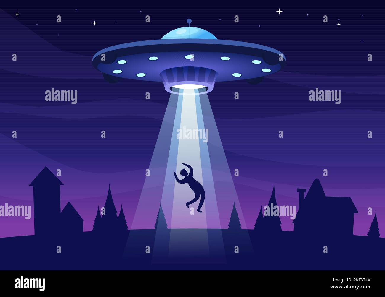 UFO Flying Spaceship with Flying Saucer Over the City Sky Abducts Human or Animals in Flat Cartoon Hand Drawn Templates Illustration Stock Vector