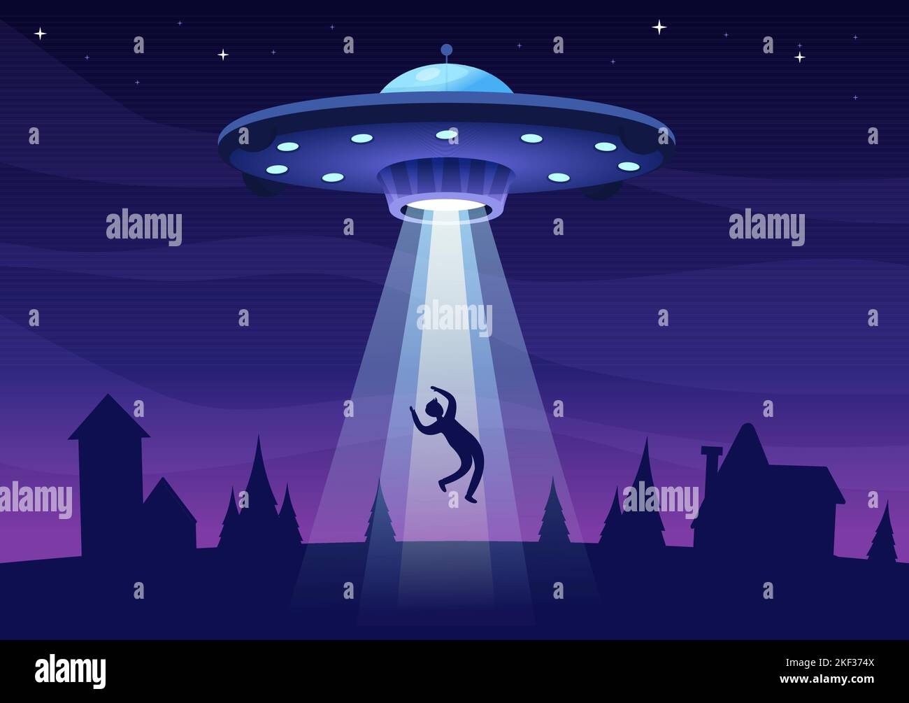 UFO Flying Spaceship with Flying Saucer Over the City Sky Abducts Human