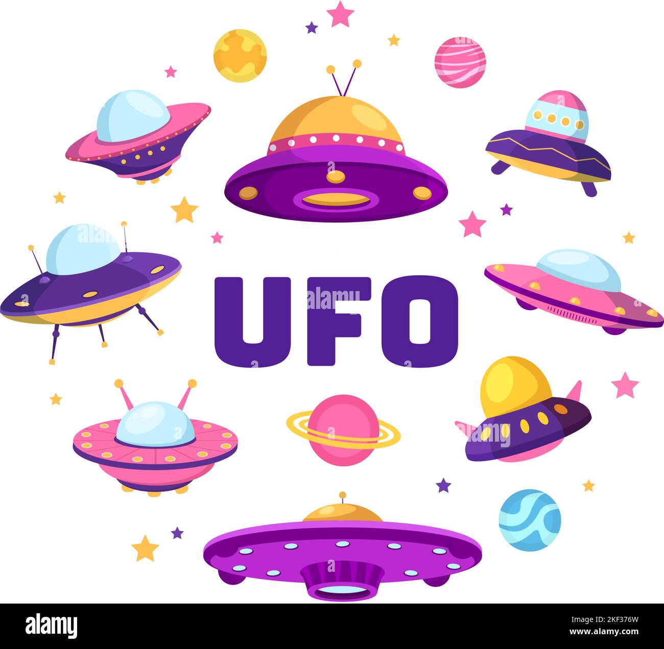 UFO Flying Spaceship with Rays of Light in Sky Night City View and Alien in Flat Cartoon Hand Drawn Templates Illustration Stock Vector