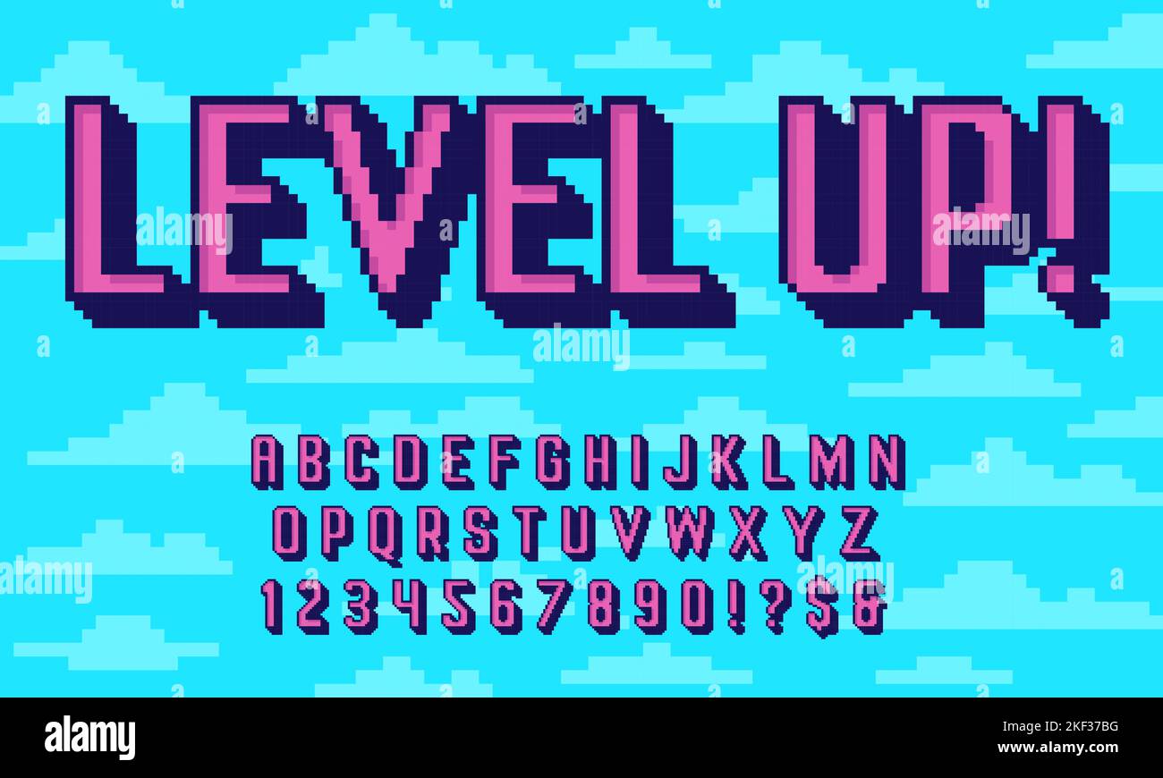 Retro pixel art 3D font. 8 bit typography alphabet, extruded letters and pixelated numbers old arcade game style vector set Stock Vector