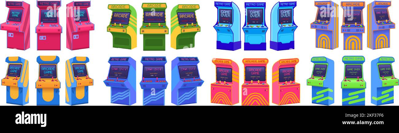 Arcade machines. Retro gaming cabinet, old game machine from different angles. Insert coin, game over and play again screens vector set Stock Vector