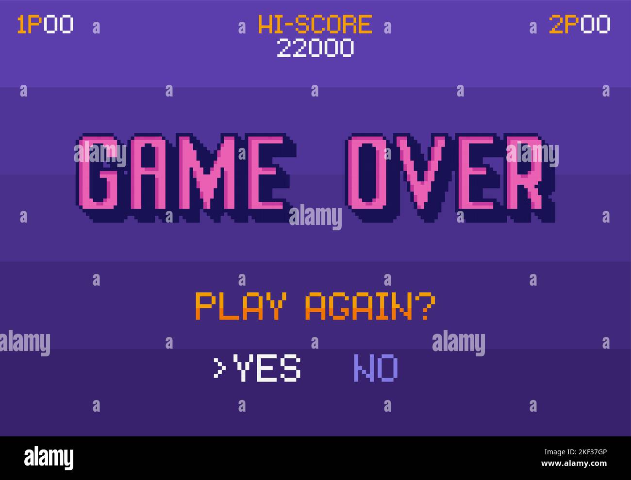 Pixel art Game Over screen. Play again question with yes no options, 8 bit gaming death pop up vector Illustration Stock Vector