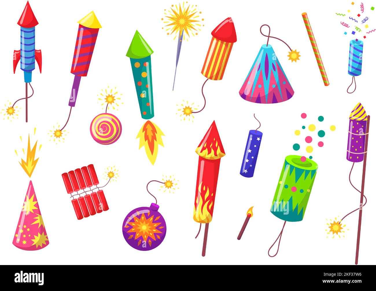 Cartoon holiday pyrotechnics. Festive petards, pyrotechnic fireworks rockets and firecrackers. Holiday decorative bombs vector set Stock Vector