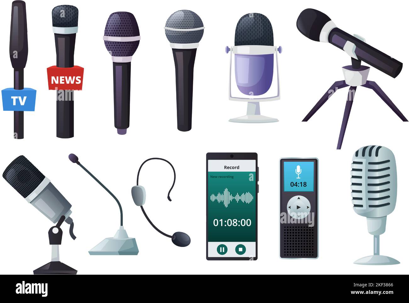 Cartoon microphones. Vintage vocal mic, interview audio recording