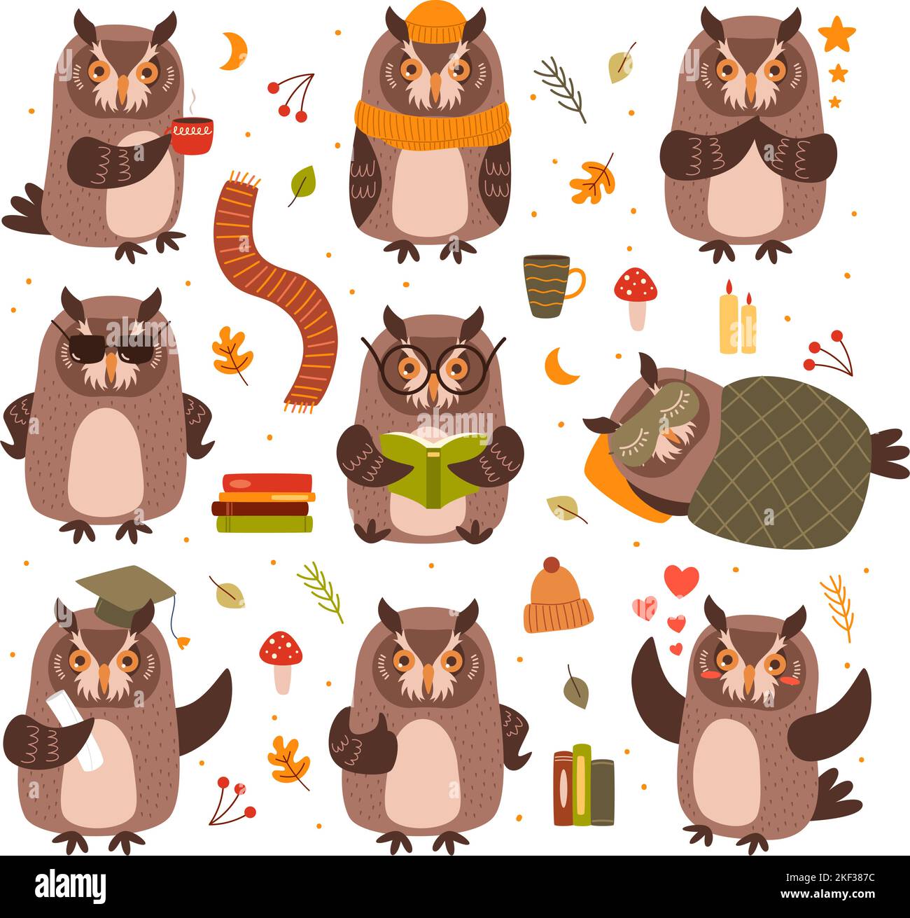 Cute owls mascots. Smart bird read book and study, owl drink coffee and sleeping under blanket cartoon vector set Stock Vector