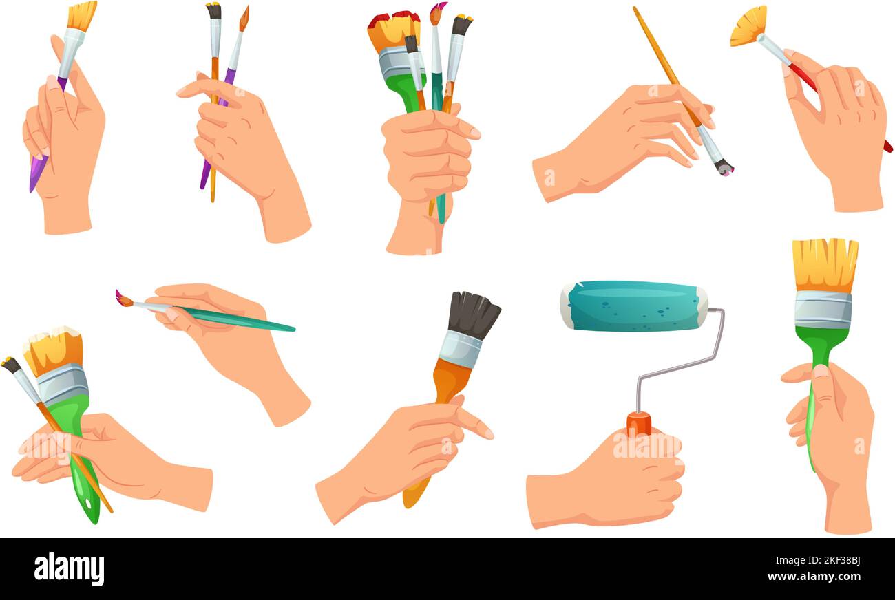 Paint brushes in hands. Creative drawing, artwork studio and