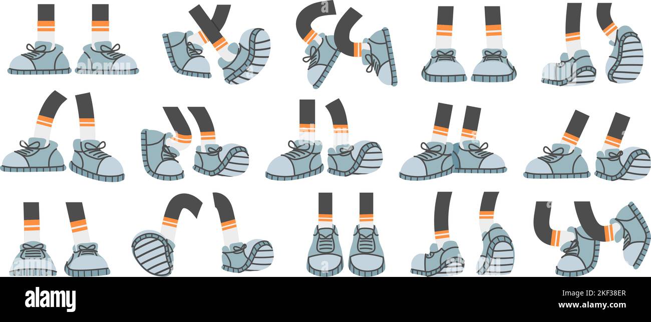 Cartoon foots with sneakers. Comic legs with shoes in walk, stand and