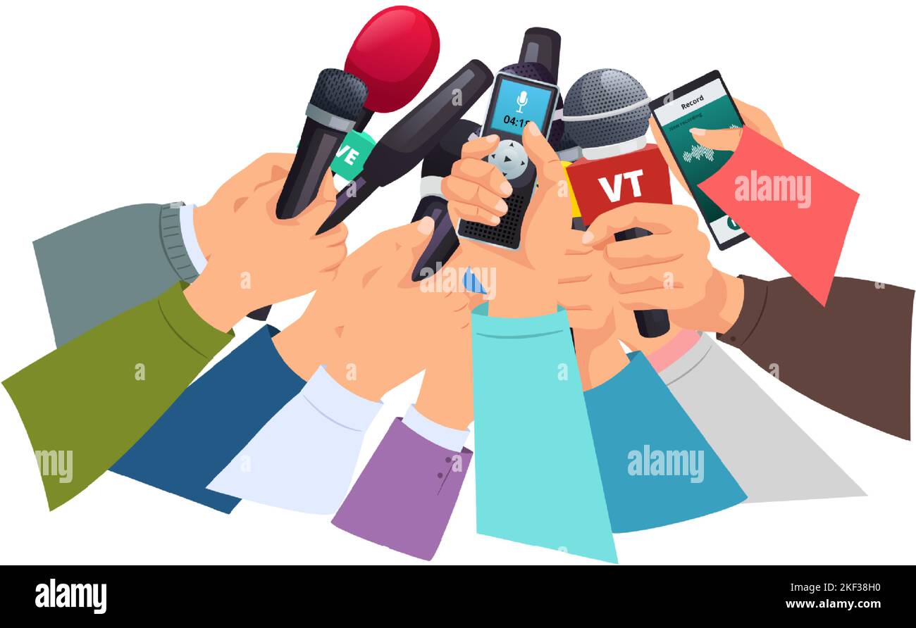 Press conference. News reporters and journalists hands with microphones