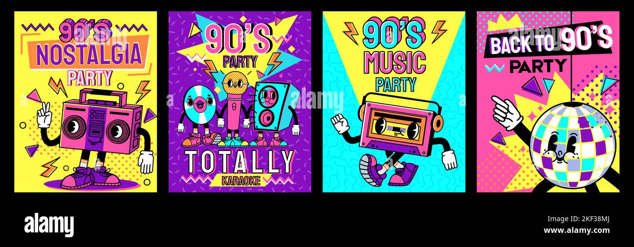 Retro party poster. Back to 90s, nostalgia music and karaoke flyer design with cartoon characters vector set Stock Vector
