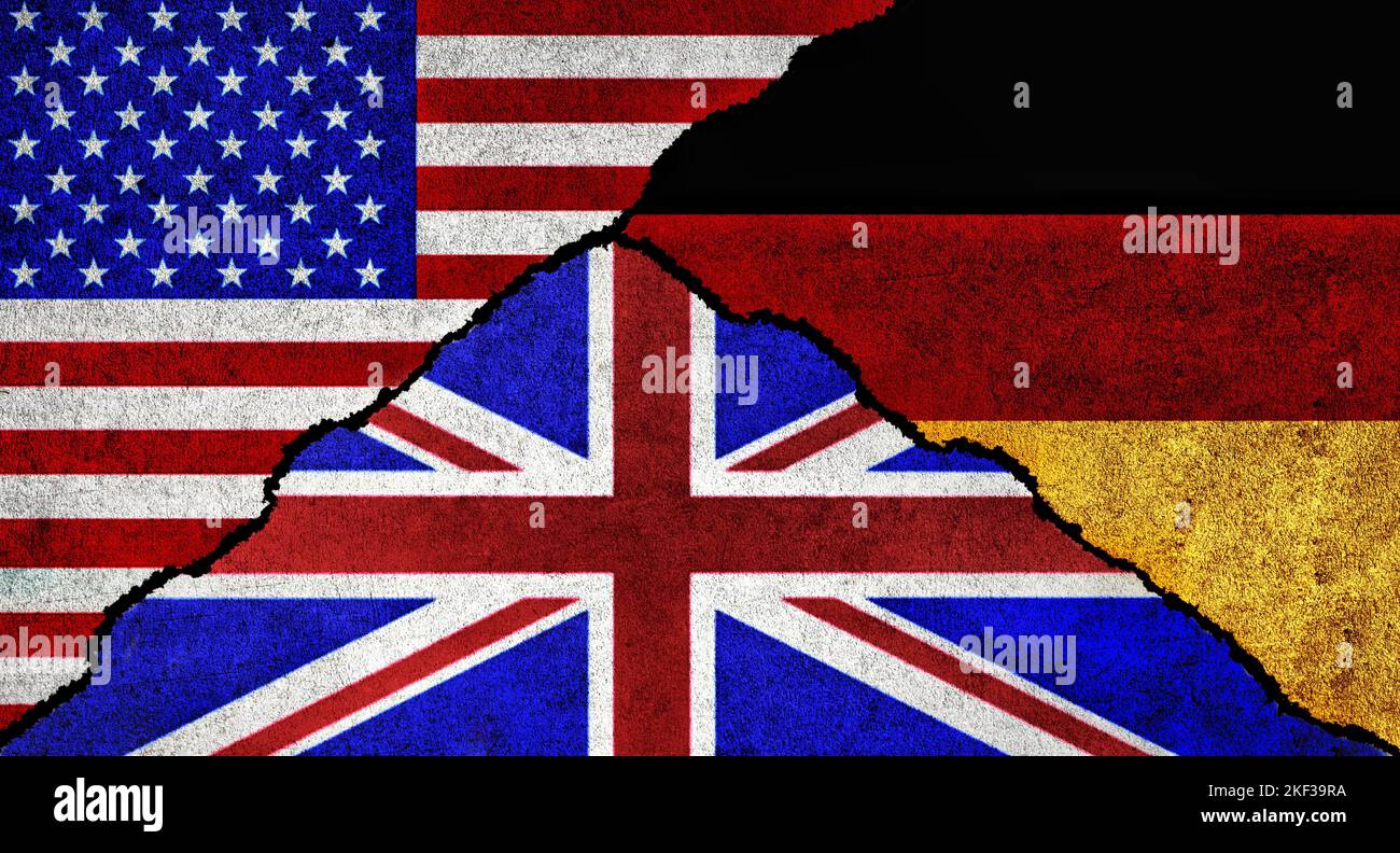 USA, United Kingdom (UK) and Germany flag together on a textured wall. Diplomatic relation between Germany, Great Britain and United States of America Stock Photo