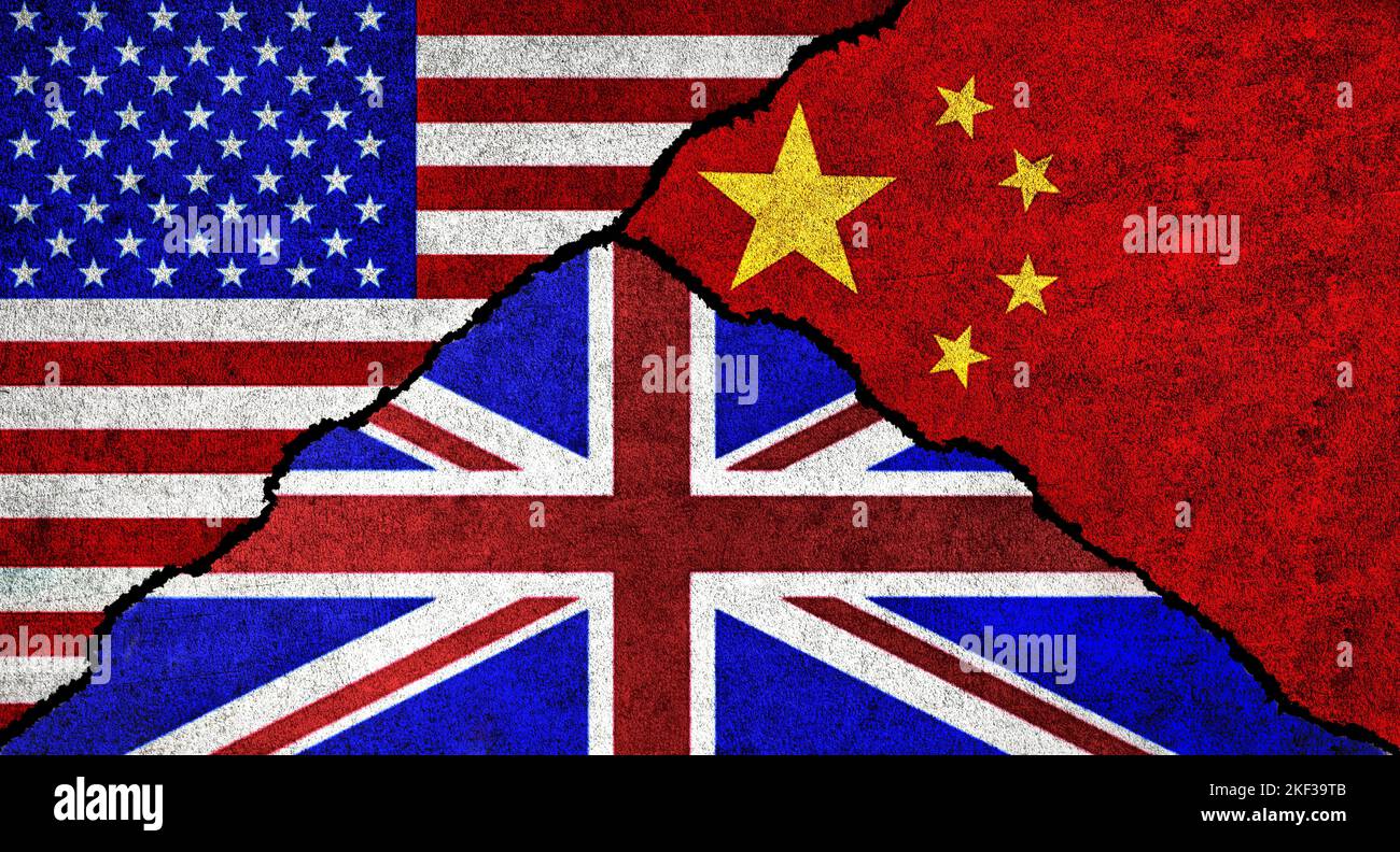 USA, United Kingdom (UK) and China flag together on a textured wall ...