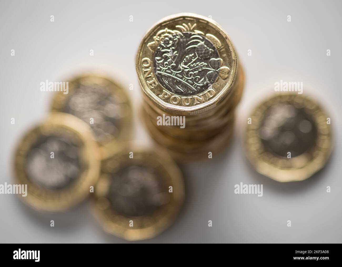 File photo dated 26/01/18 of British one pound coins. Councils in England would need to increase council tax by a fifth over the next two years to plug a gap in Government funding, analysis suggests. The shortfall in funding is too big to be tackled by rising council tax alone, warns the Local Government Association (LGA). Issue date: Wednesday November 16, 2022. Stock Photo