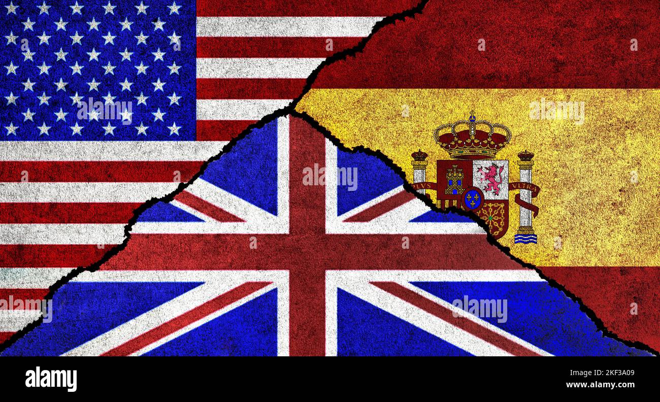 USA, United Kingdom and Spain flag together on a textured wall. Relations between Spain, Great Britain and United States of America Stock Photo