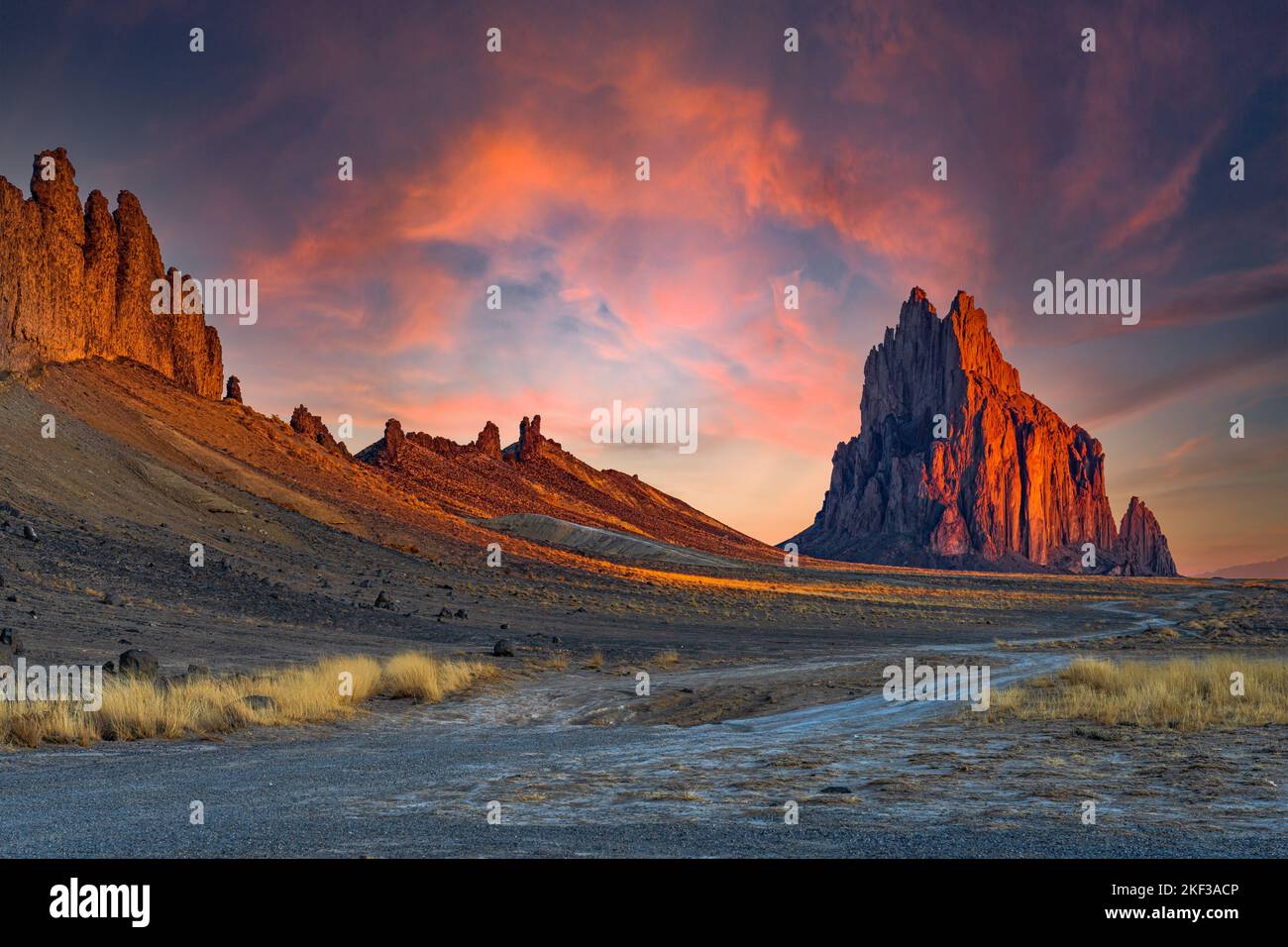 Shiprock Arizona, with an epic sunset, and clouds, lots of color Stock