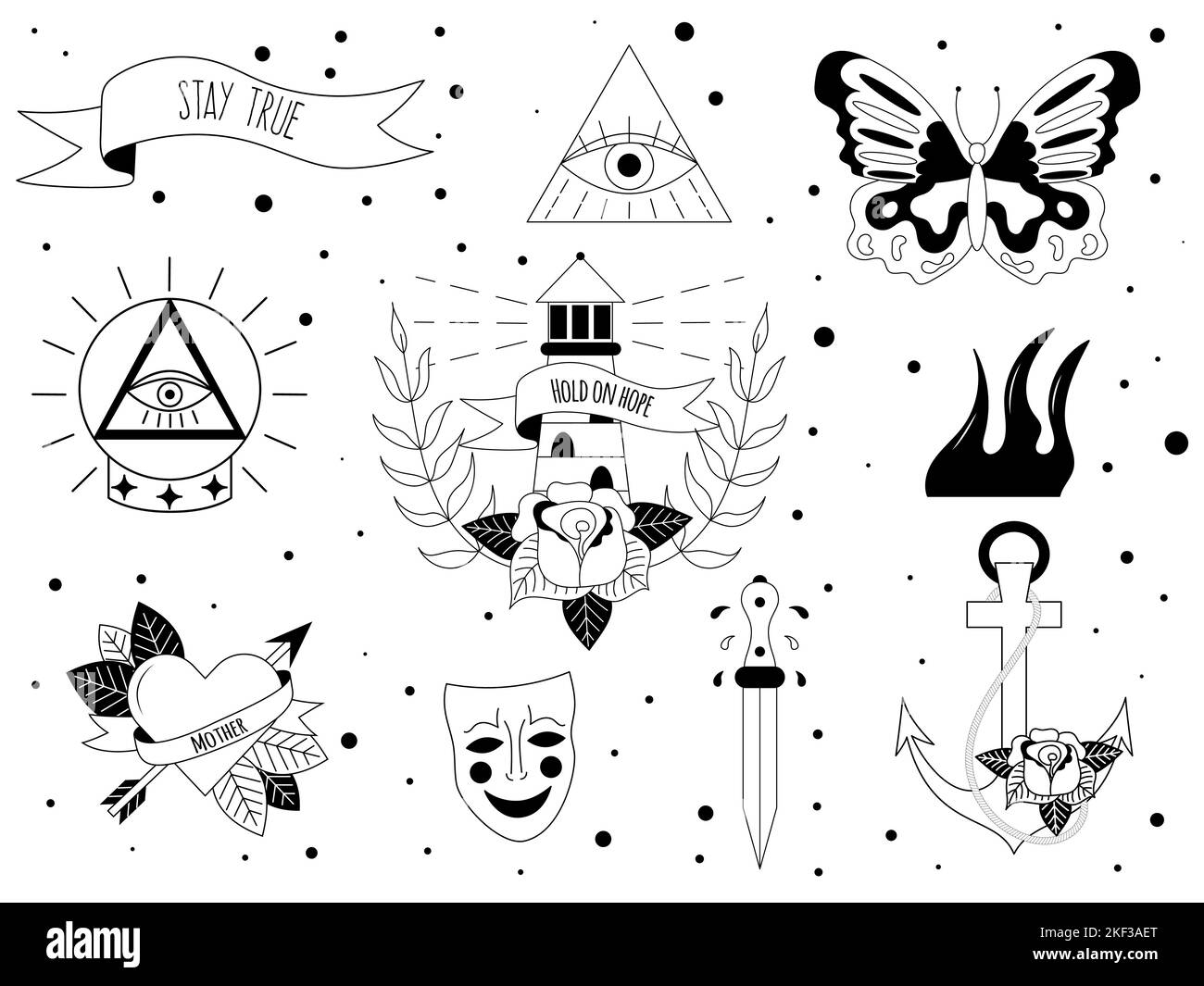 Set of tattoo in y2k, 1990s, 2000s style. Emo goth element design with