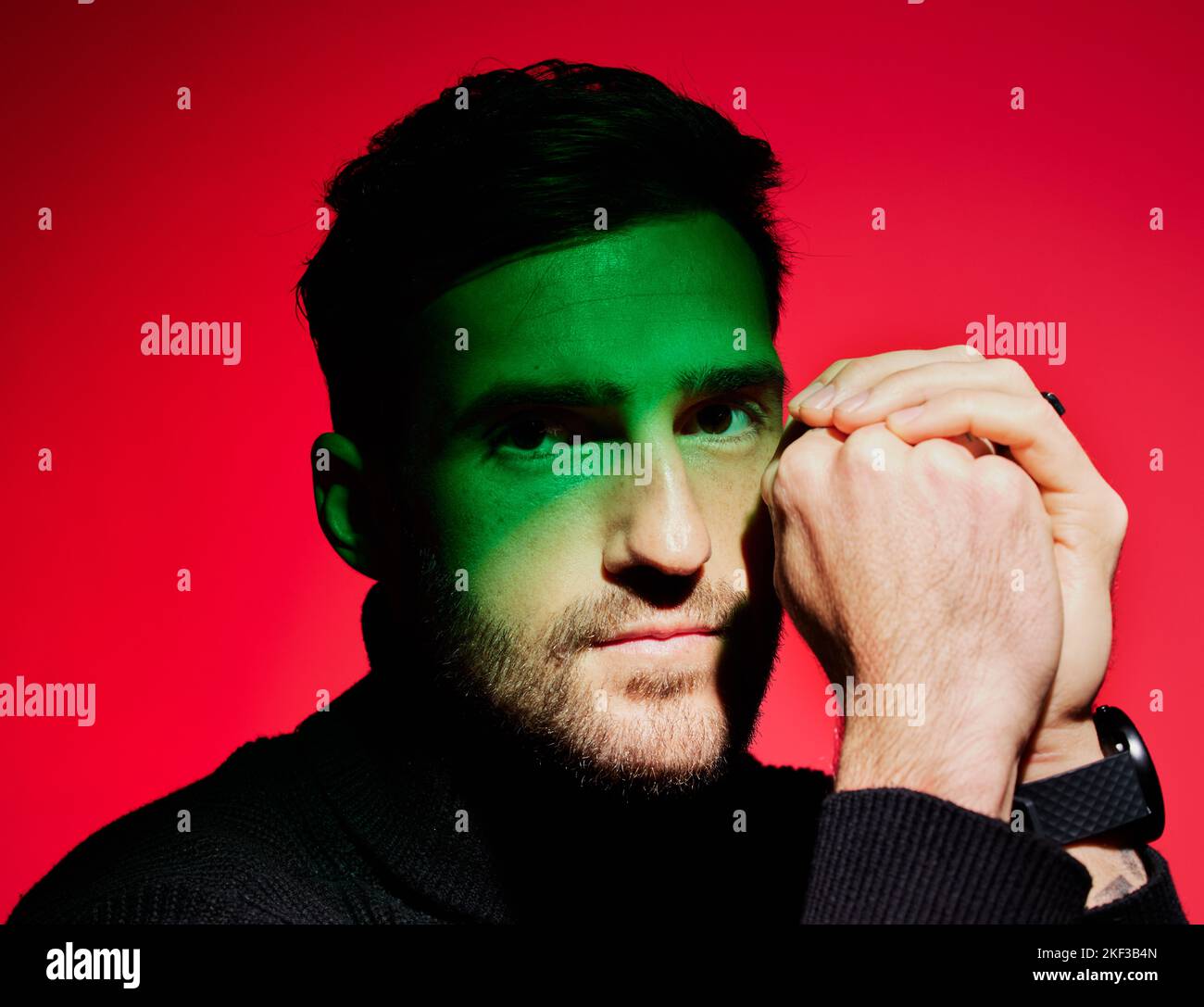 Man model, green light and fashion for beauty, creative and luxury