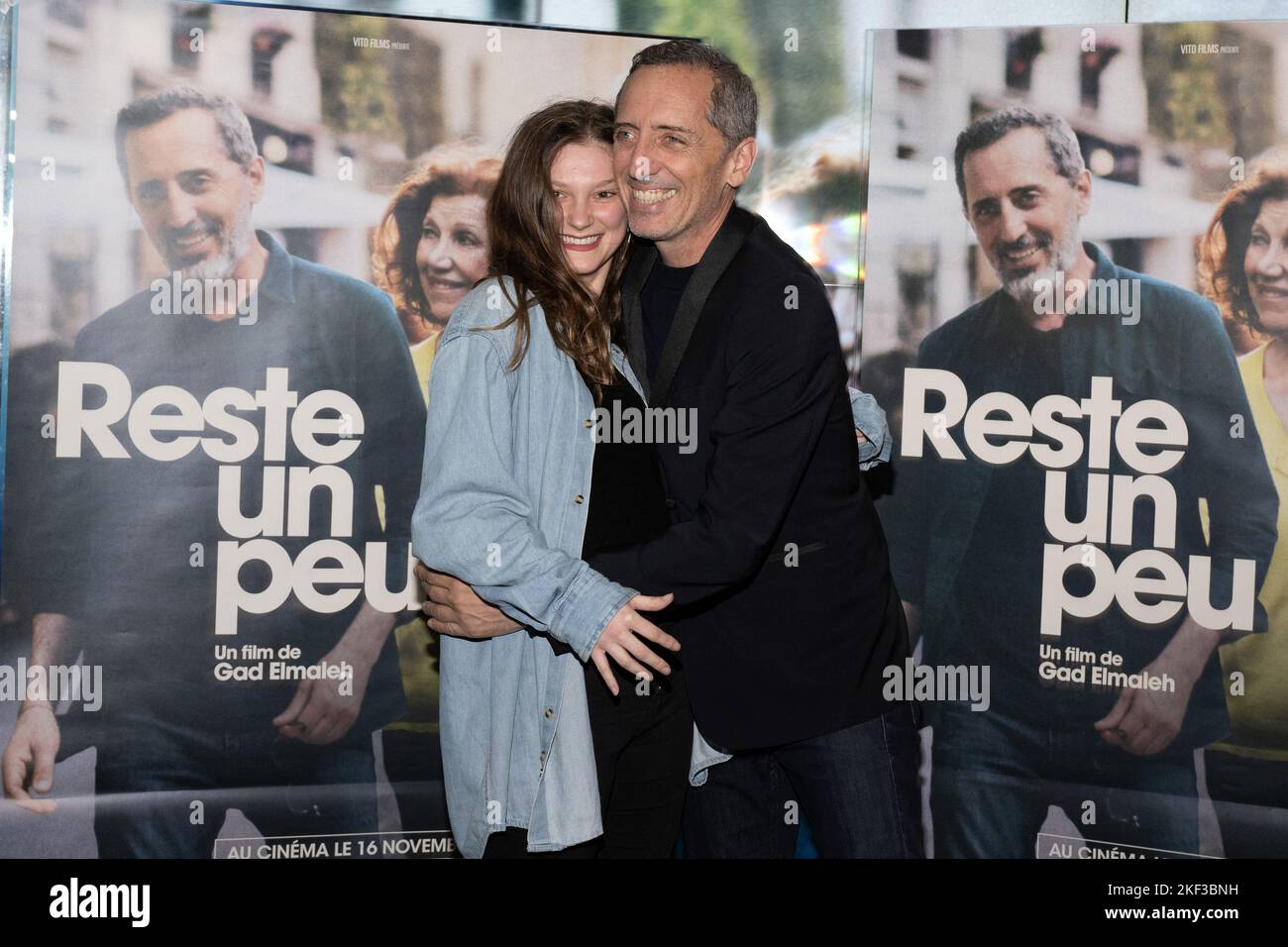 Olivia Jubin and Gad Elmaleh attend the Reste Un Peu premiere at UGC