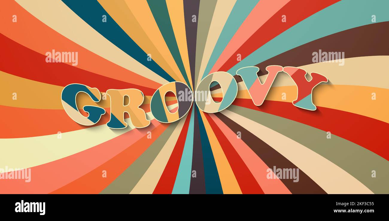 Abstract colorful background retro style with sunburst and groovy text effect Stock Vector