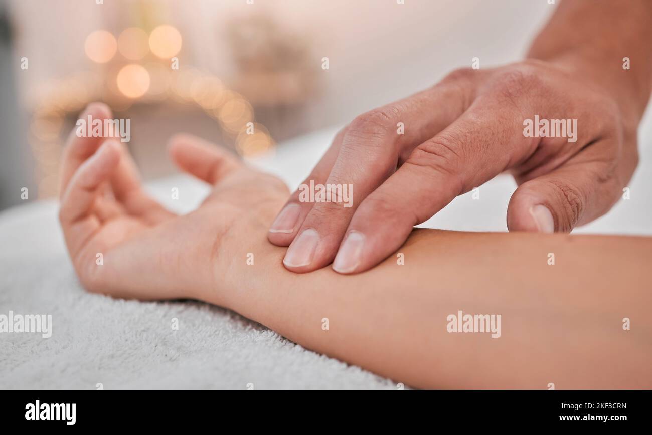 Spa, wellness and hands massage wrist for health, relaxation and pressure relief service zoom. Acupressure, physical therapy and relaxing luxury Stock Photo
