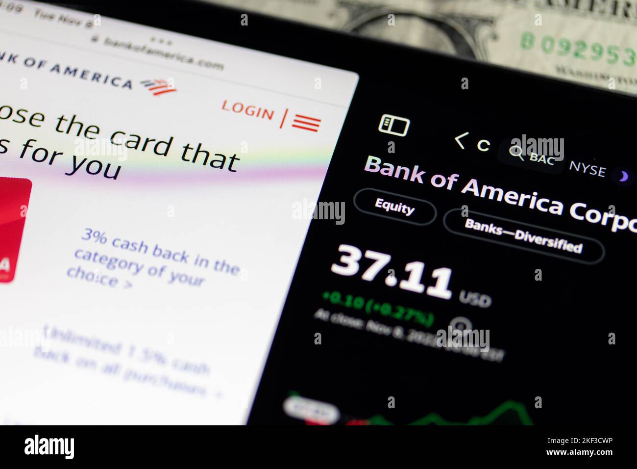 The Bank of America Corp., BAC on the NYSE, their share price is seen on a digital screen, next to the American bank's website. Stock Photo
