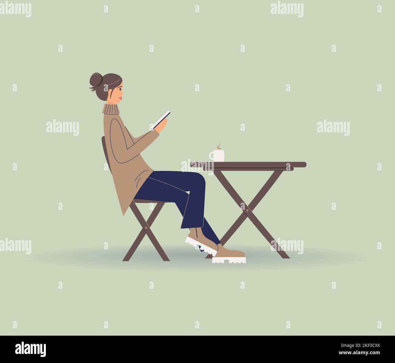 Pretty girl read book, sits at table and drink cup of coffee or tea. Woman on lunch break, coffee break, rest from routine.Student prepare for exam Stock Vector