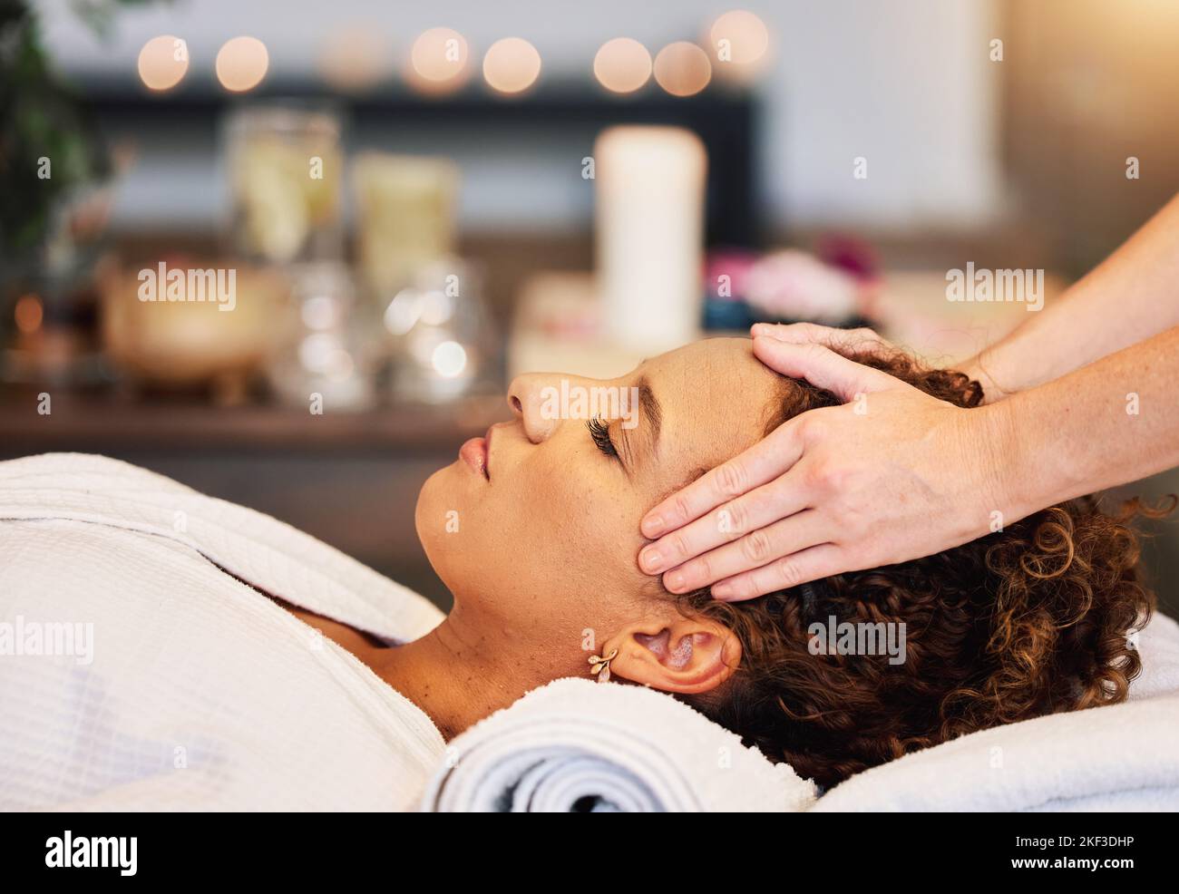 Head massage, woman and relax at spa, facial wellness and luxury zen