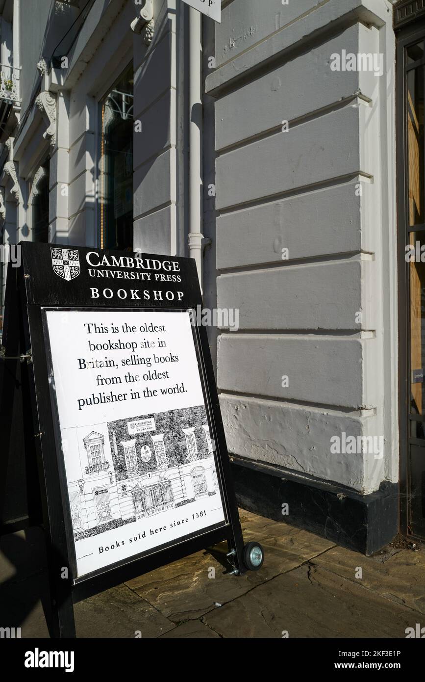 Cambridge University Press (CUP) bookshop, Cambridge, England, the oldest bookshop in Britain selling books from the oldest publisher in the world. Stock Photo