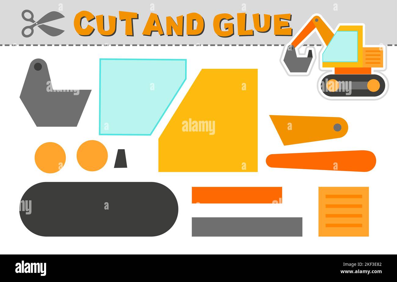 Cut and glue. Vector illustration of an orange excavator. Paper game for children activity and education. Simple level Stock Vector