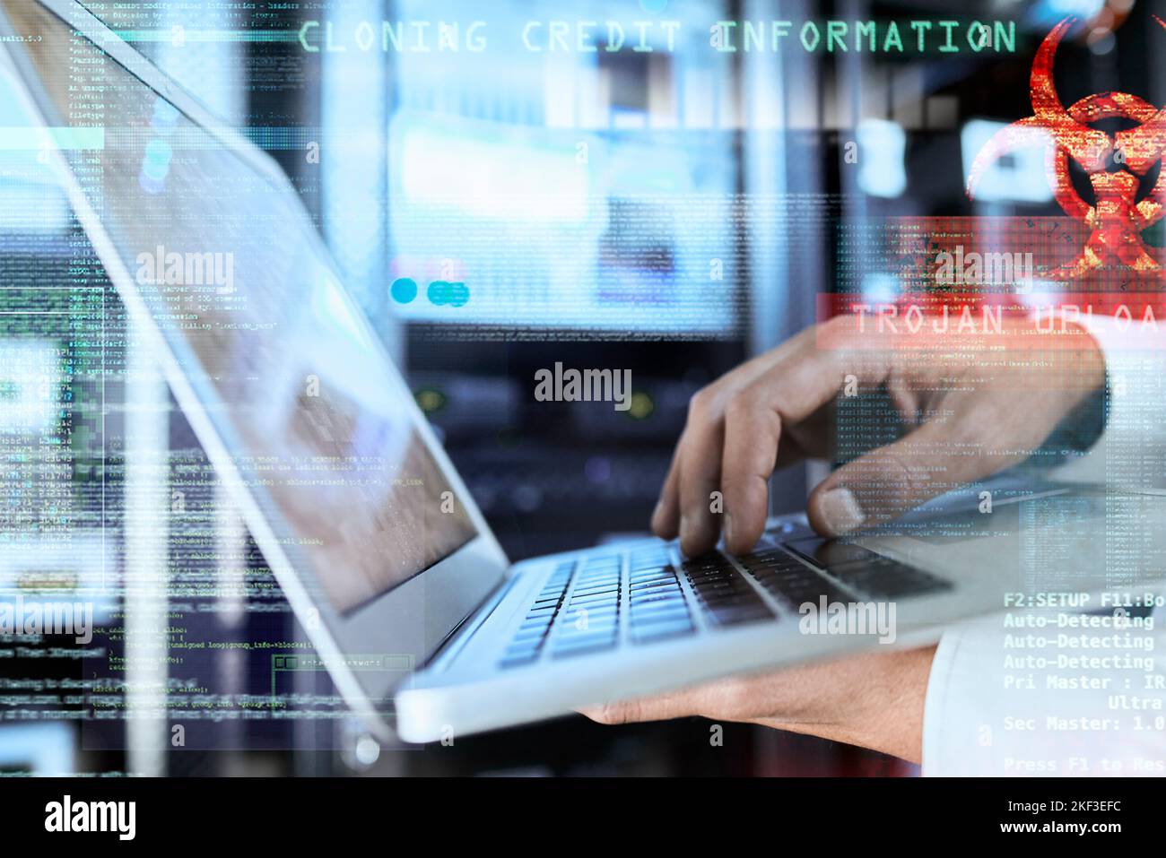 Hacker, laptop and hands with credit card information typing data with digital cybersecurity overlay for information technology. Hacking, cyberpunk Stock Photo