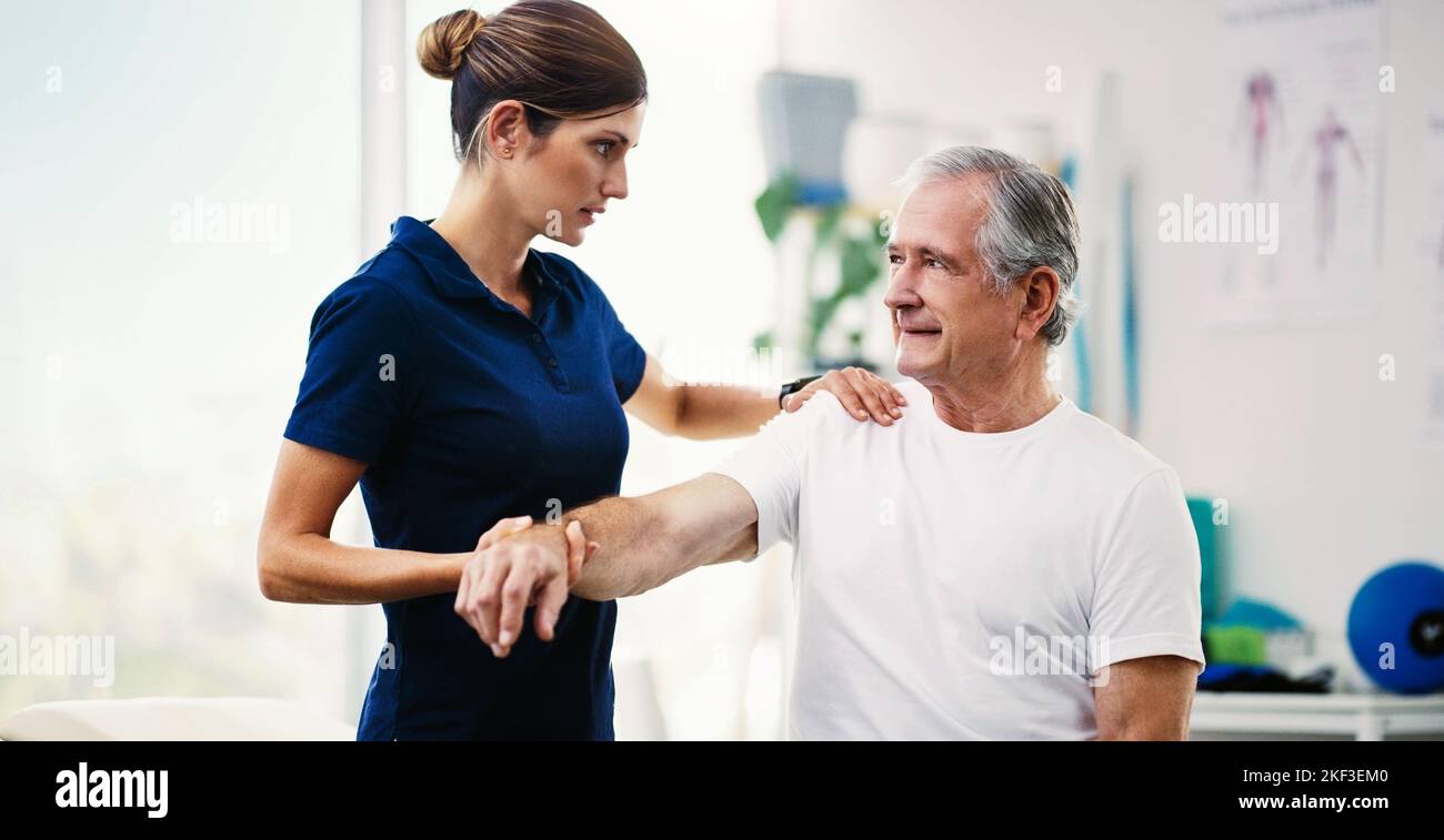 Physiotherapy doctor, senior patient and stretching arm, physical