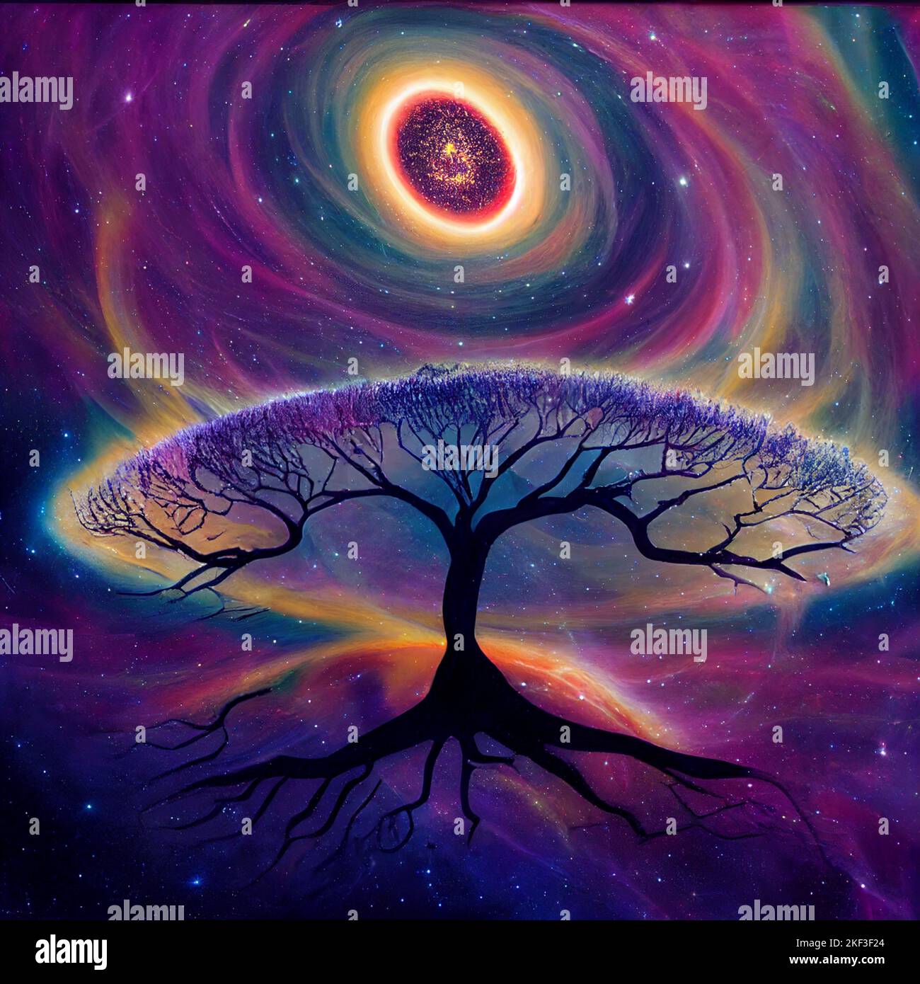 Tree Spirit Meditation, ecology reflection, human and tree intertwined, background of galaxies